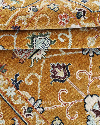 Mustard Gold Hand Knotted Wool Rug | Traditional Floral Oriental Area Rug | Luxury Handmade Persian Style Carpet