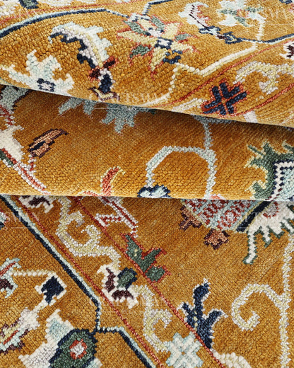 Mustard Gold Hand Knotted Wool Rug | Traditional Floral Oriental Area Rug | Luxury Handmade Persian Style Carpet