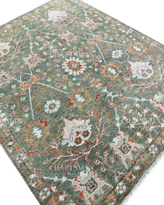 Vintage Sage Green Hand Knotted Wool Rug | Traditional Floral Oriental Area Rug for Living Room, Bedroom & Dining Room