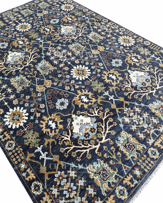 Navy Blue Hand Knotted Wool Rug | Traditional Oriental Floral Area Rug | Luxury Vintage Persian Style Carpet for Living Room & Bedroom