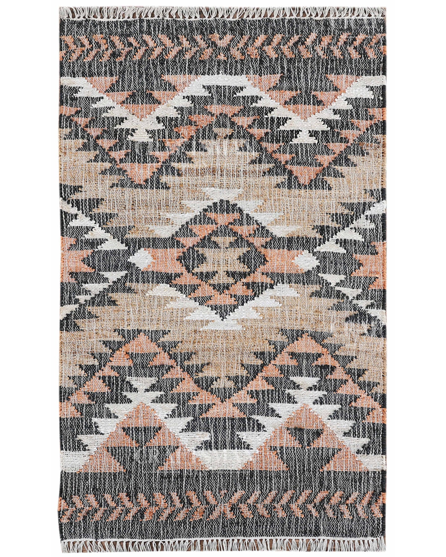 Tribalterra Jute Hand-Woven Natural Rug – Black Beige Peach Geometric Boho Farmhouse Area Carpet with Fringe