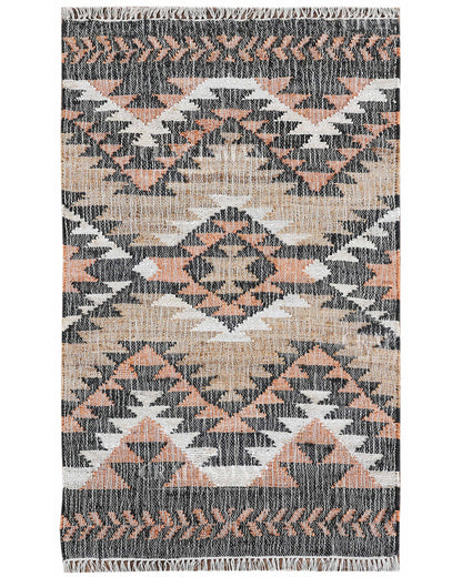 Tribalterra Jute Hand-Woven Natural Rug – Black Beige Peach Geometric Boho Farmhouse Area Carpet with Fringe