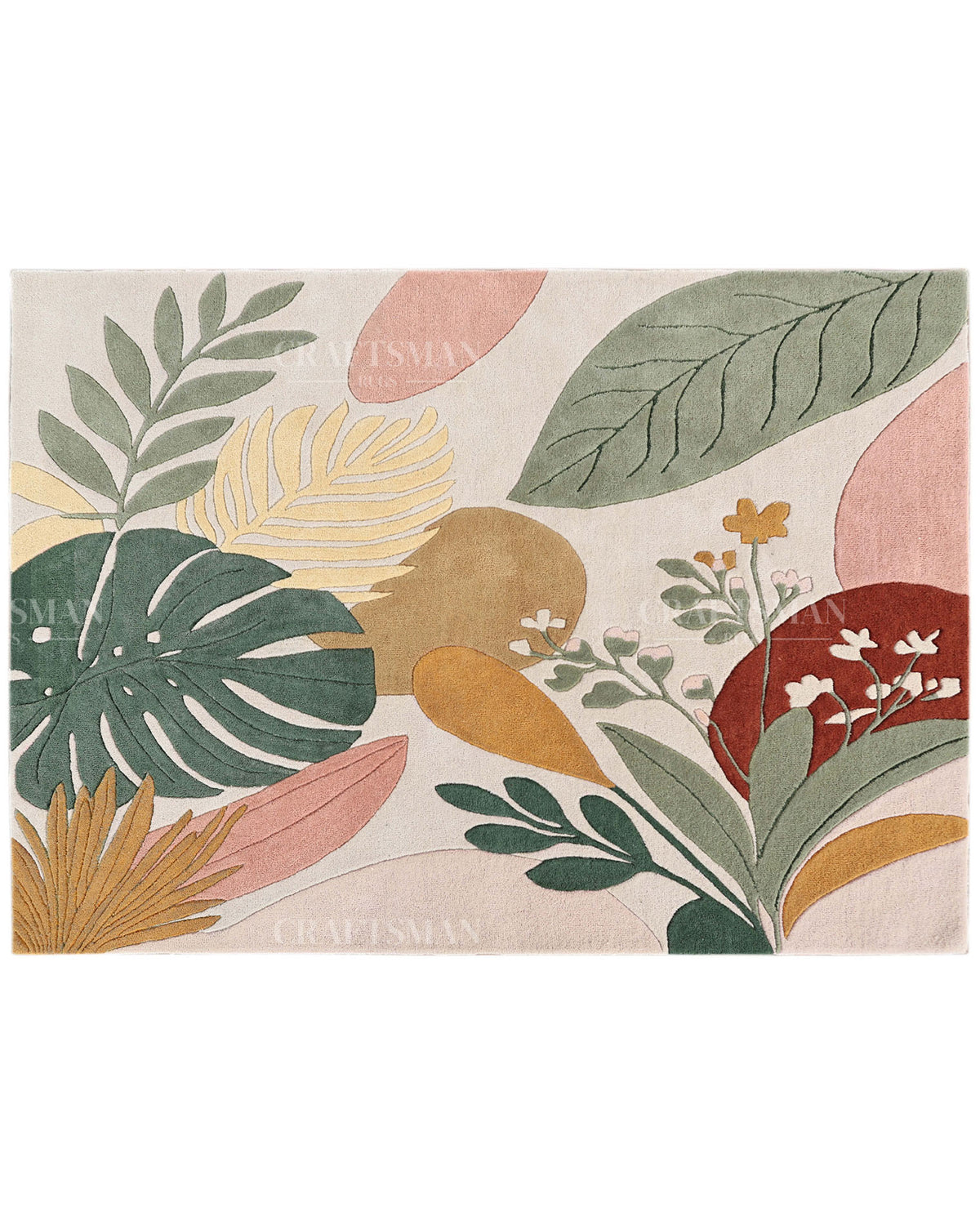 Modern Botanical Area Rug, Abstract Leaf Pattern Carpet, Sage Green Terracotta Pink Floral Rug, Contemporary Nature Inspired Home Decor