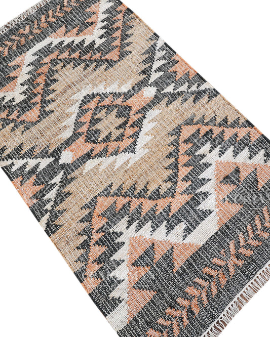 Tribalterra Jute Hand-Woven Natural Rug – Black Beige Peach Geometric Boho Farmhouse Area Carpet with Fringe