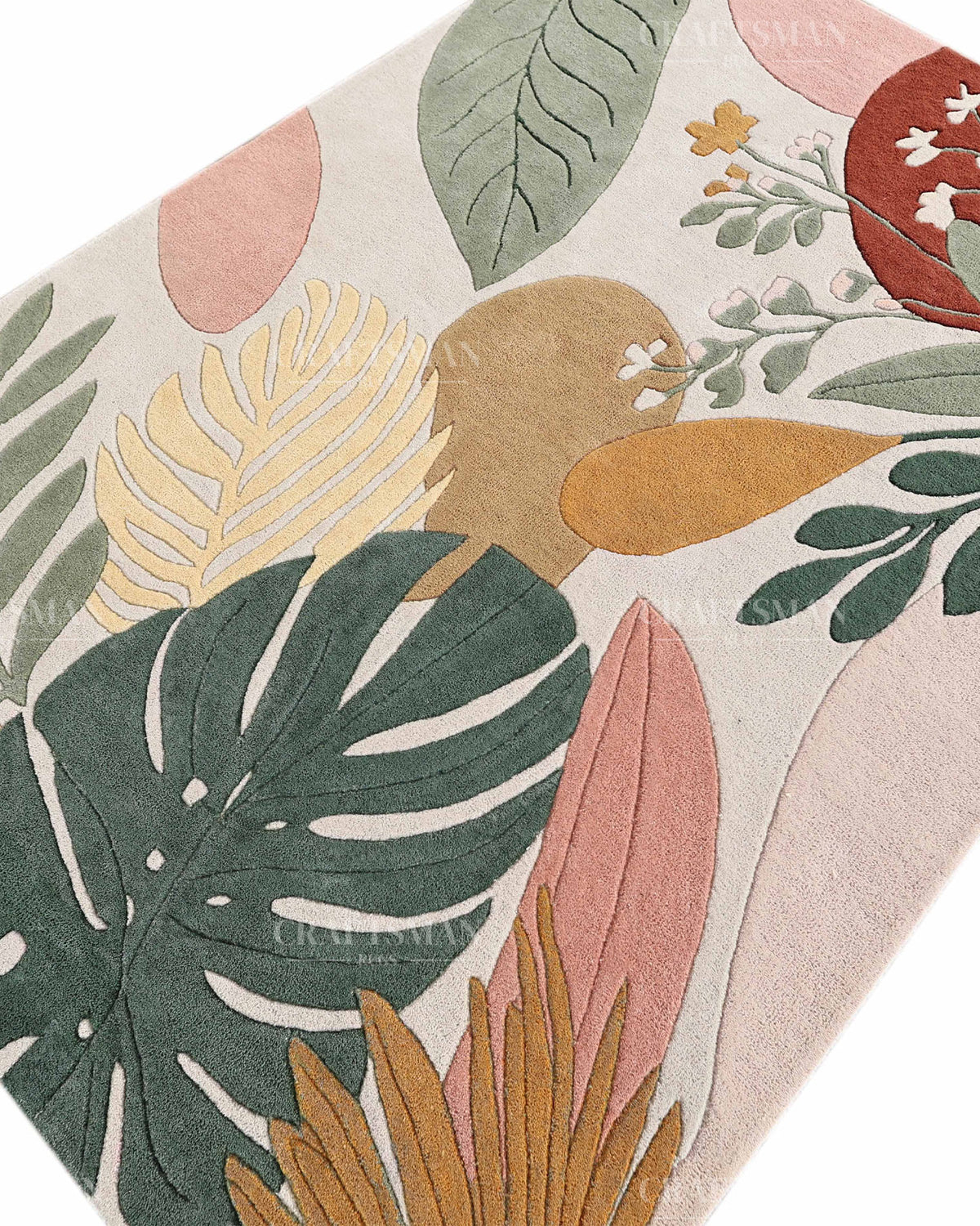 Modern Botanical Area Rug, Abstract Leaf Pattern Carpet, Sage Green Terracotta Pink Floral Rug, Contemporary Nature Inspired Home Decor