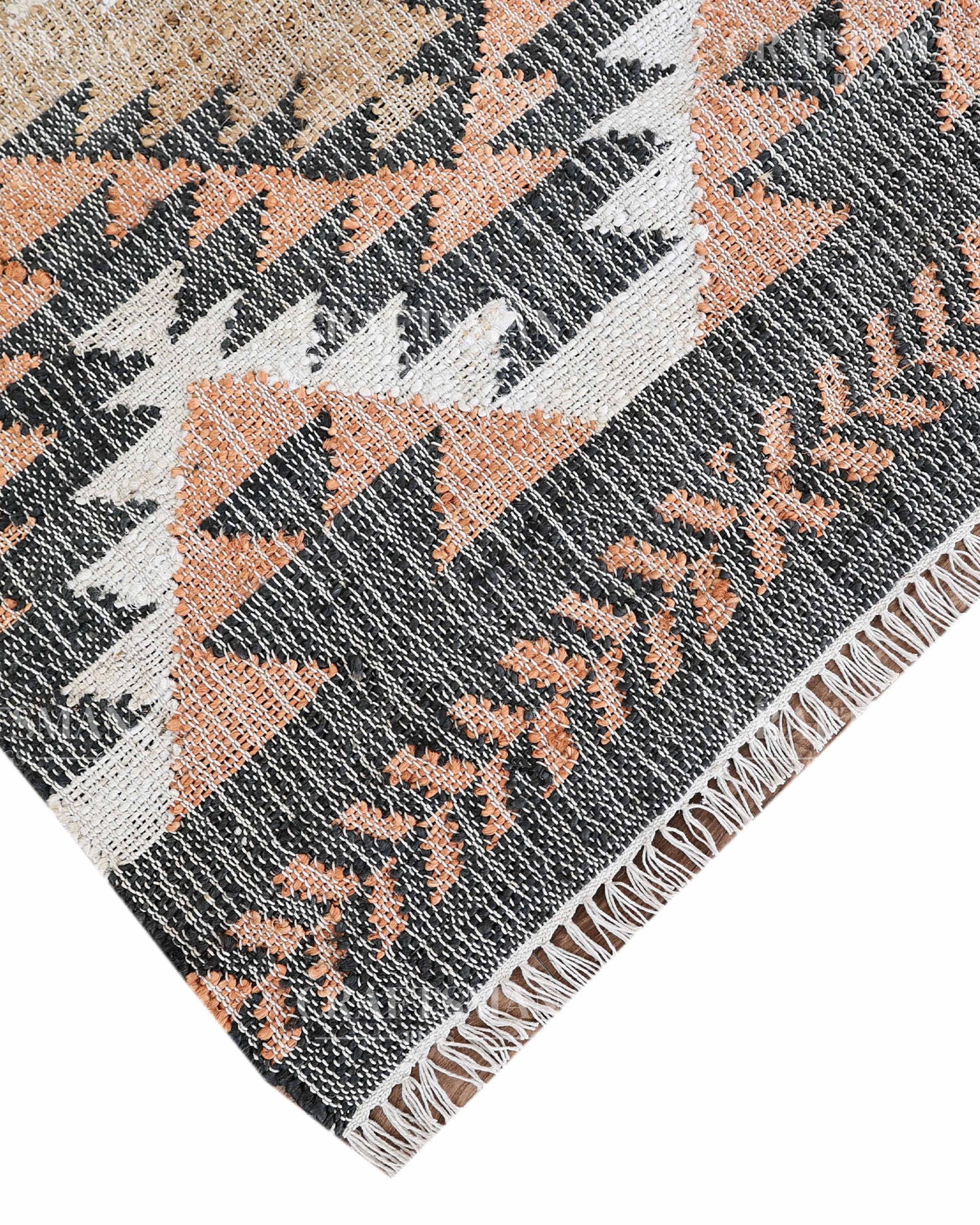 Tribalterra Jute Hand-Woven Natural Rug – Black Beige Peach Geometric Boho Farmhouse Area Carpet with Fringe