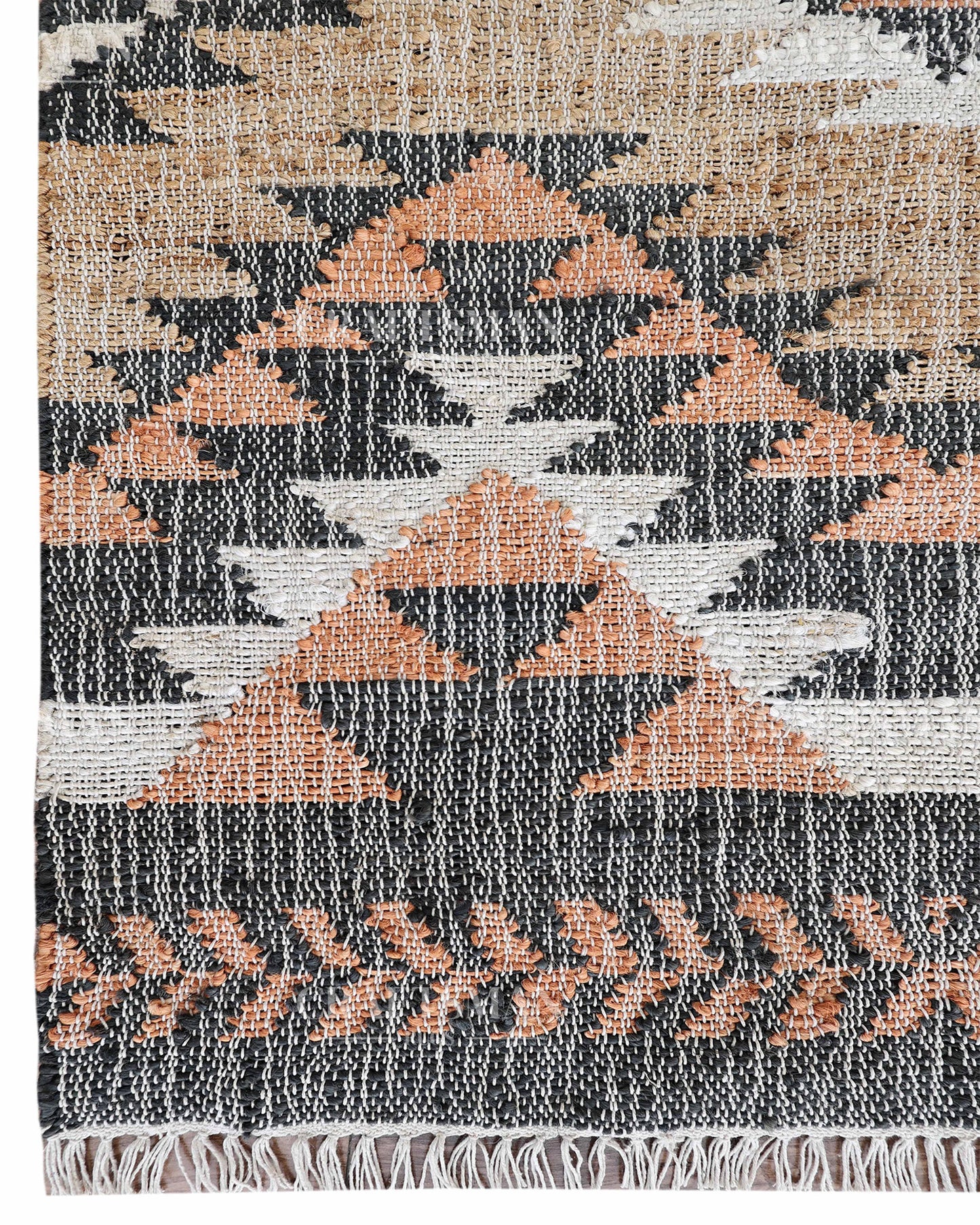 Tribalterra Jute Hand-Woven Natural Rug – Black Beige Peach Geometric Boho Farmhouse Area Carpet with Fringe