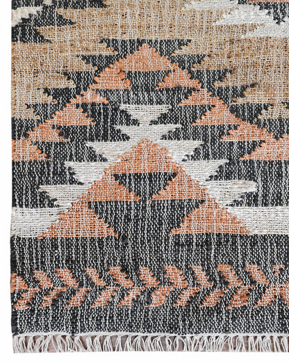 Tribalterra Jute Hand-Woven Natural Rug – Black Beige Peach Geometric Boho Farmhouse Area Carpet with Fringe