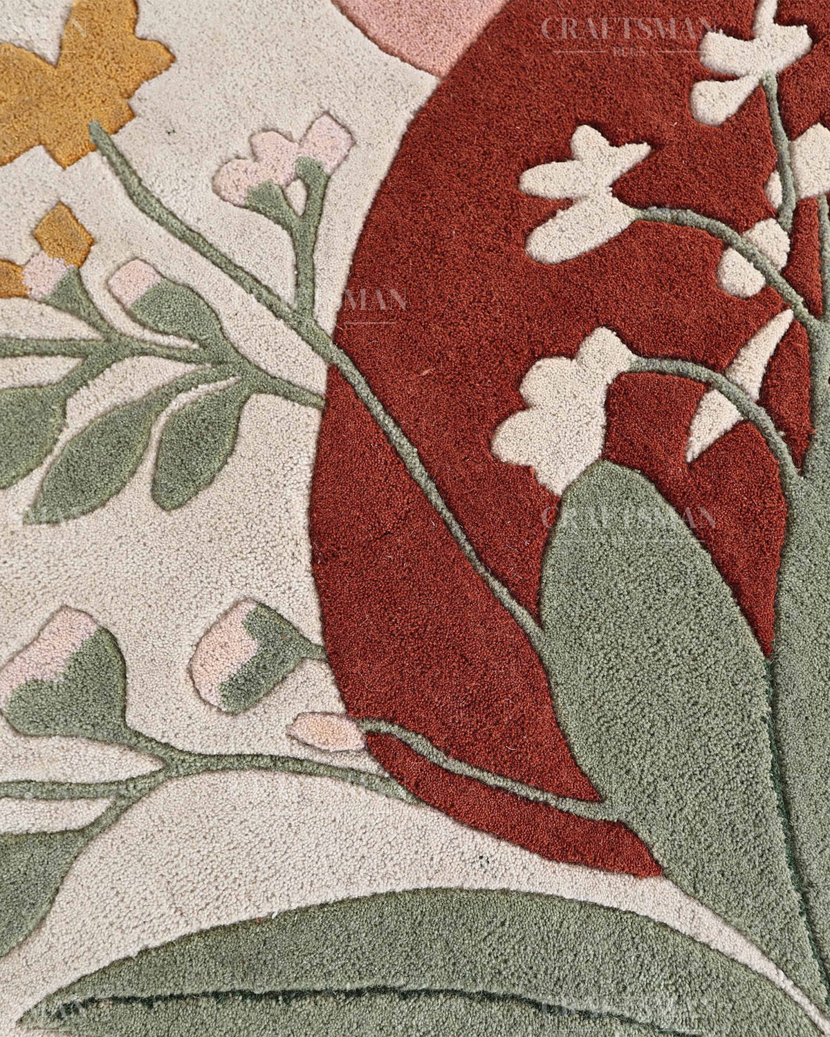 Modern Botanical Area Rug, Abstract Leaf Pattern Carpet, Sage Green Terracotta Pink Floral Rug, Contemporary Nature Inspired Home Decor
