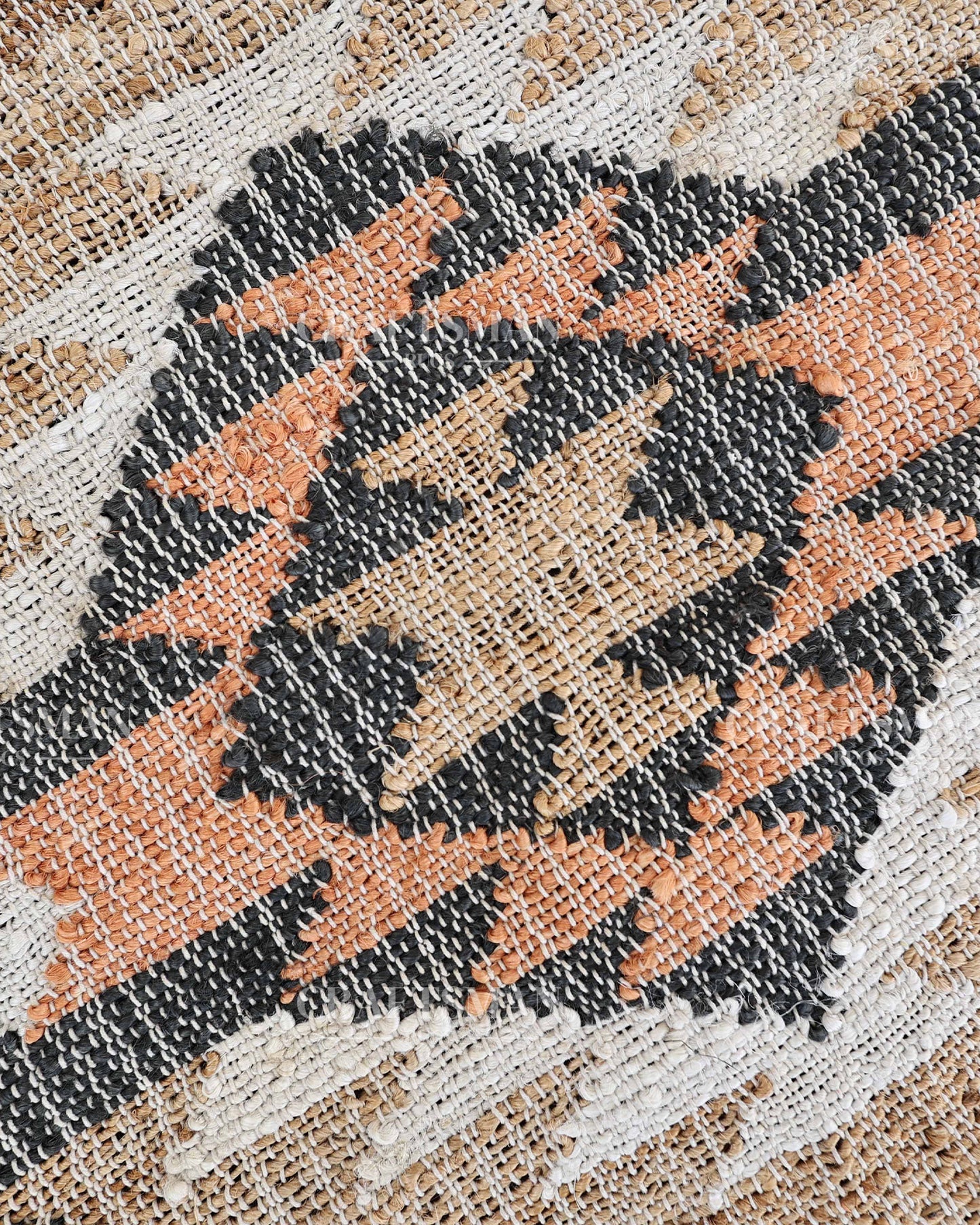 Tribalterra Jute Hand-Woven Natural Rug – Black Beige Peach Geometric Boho Farmhouse Area Carpet with Fringe