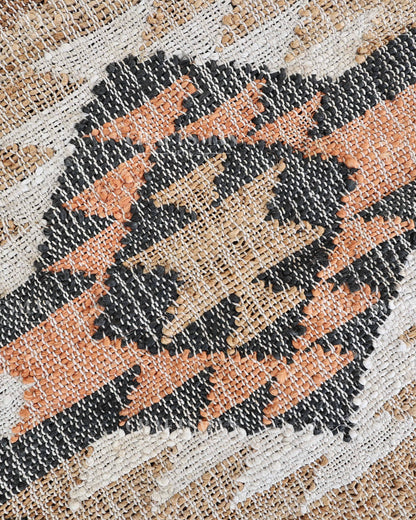 Tribalterra Jute Hand-Woven Natural Rug – Black Beige Peach Geometric Boho Farmhouse Area Carpet with Fringe