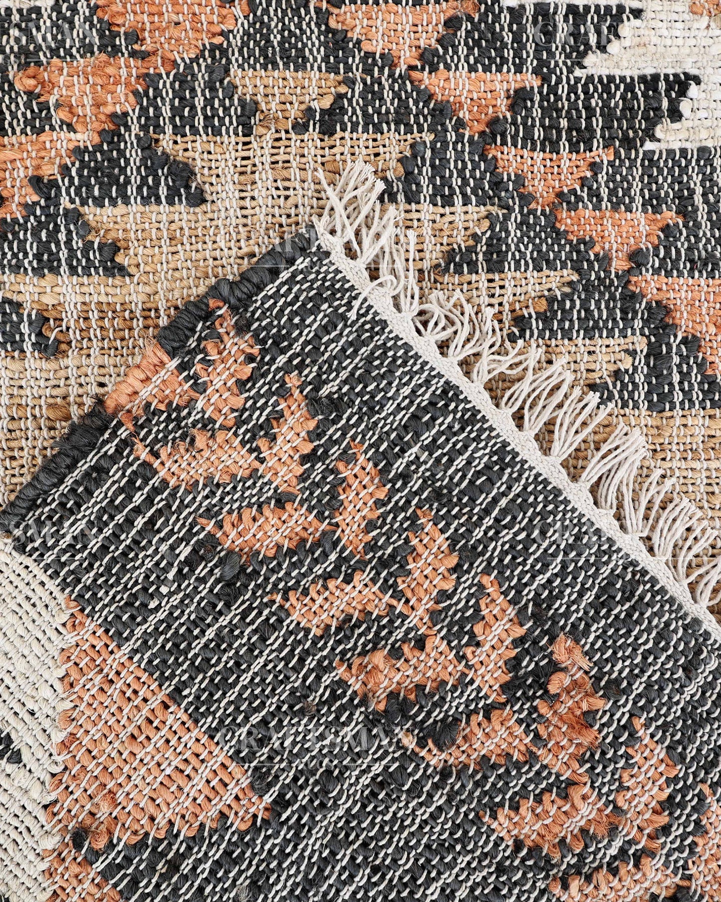 Tribalterra Jute Hand-Woven Natural Rug – Black Beige Peach Geometric Boho Farmhouse Area Carpet with Fringe