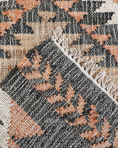 Tribalterra Jute Hand-Woven Natural Rug – Black Beige Peach Geometric Boho Farmhouse Area Carpet with Fringe