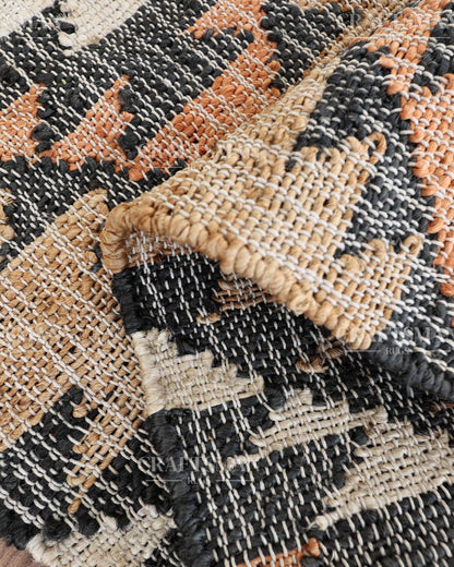 Tribalterra Jute Hand-Woven Natural Rug – Black Beige Peach Geometric Boho Farmhouse Area Carpet with Fringe