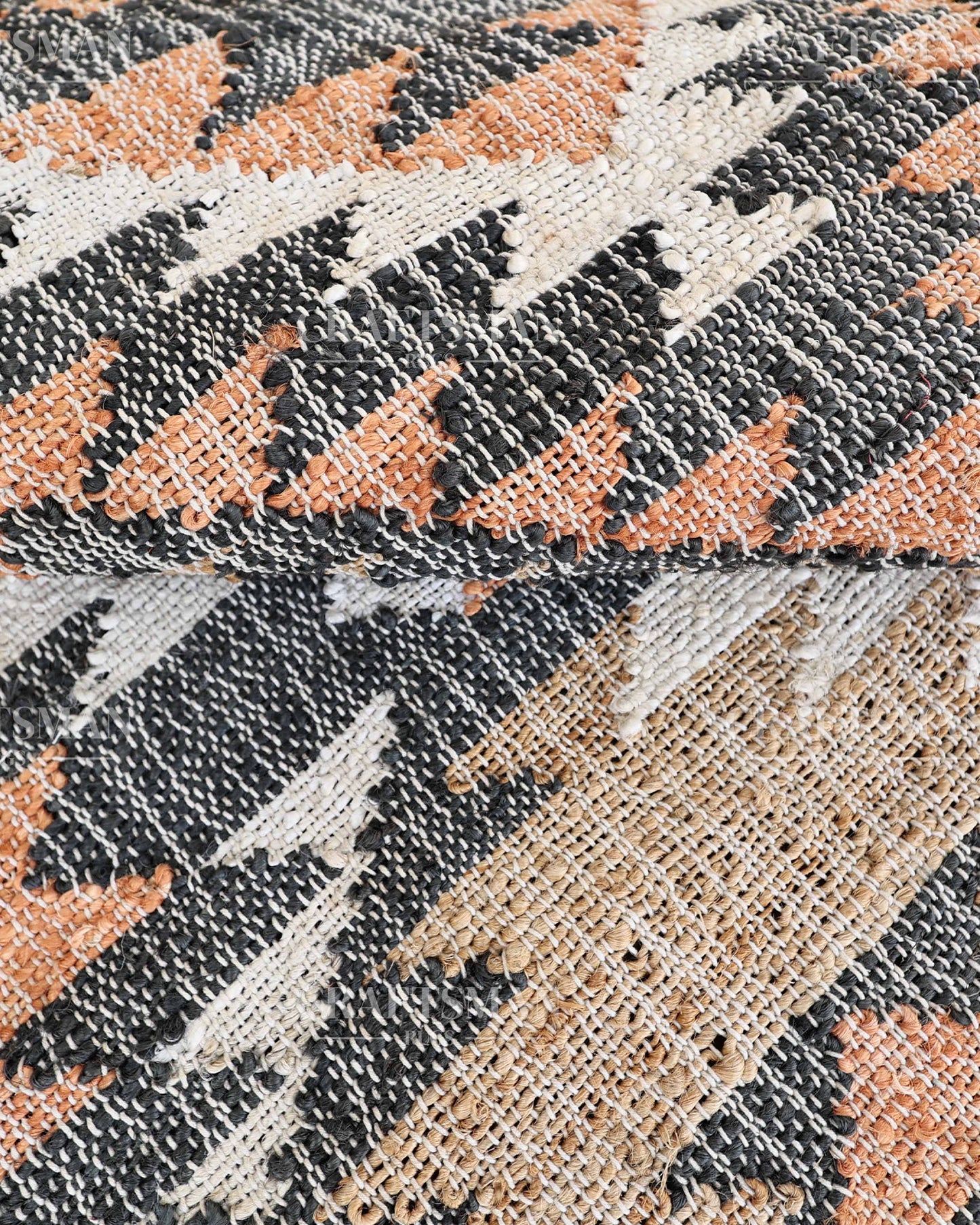 Tribalterra Jute Hand-Woven Natural Rug – Black Beige Peach Geometric Boho Farmhouse Area Carpet with Fringe