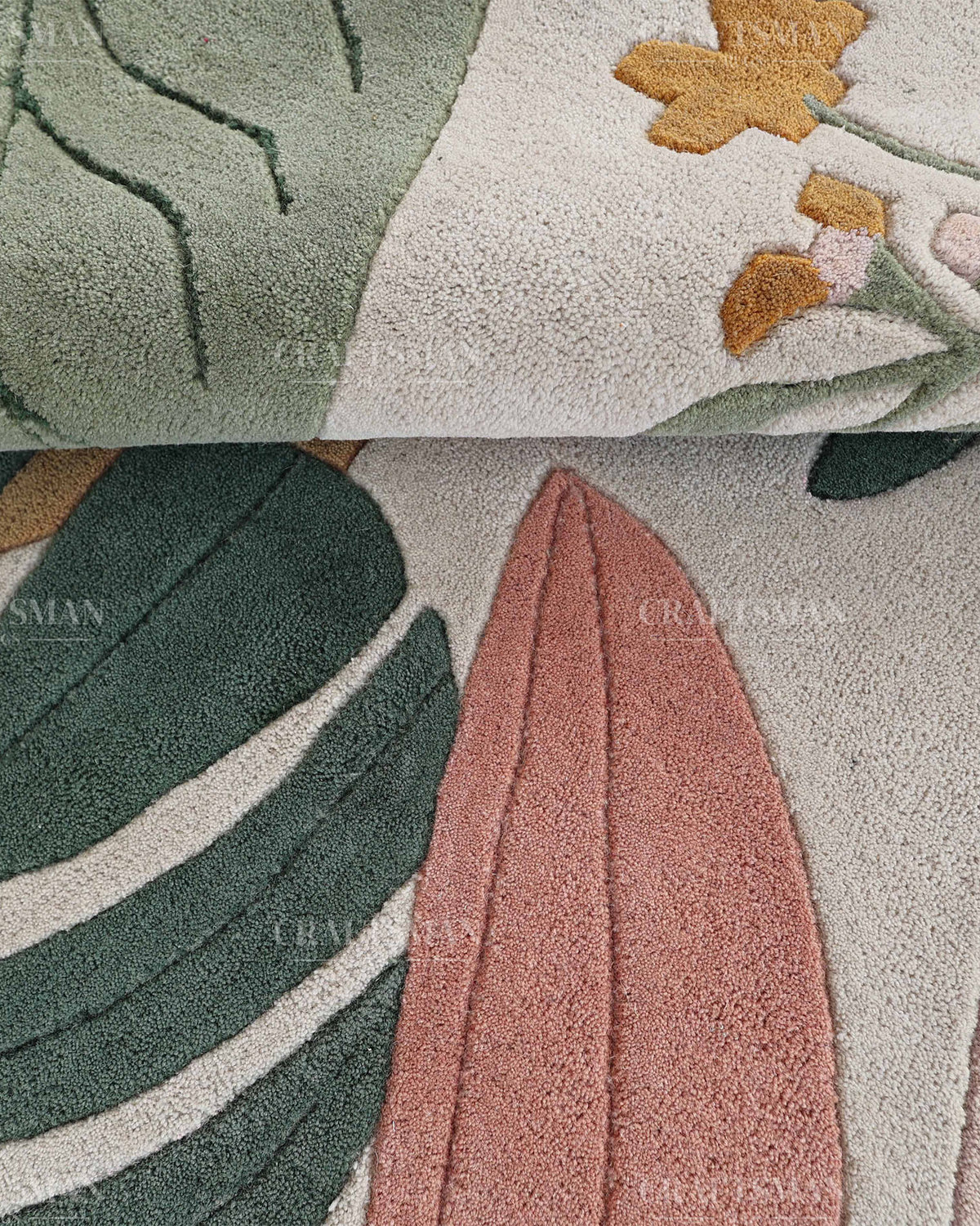 Modern Botanical Area Rug, Abstract Leaf Pattern Carpet, Sage Green Terracotta Pink Floral Rug, Contemporary Nature Inspired Home Decor