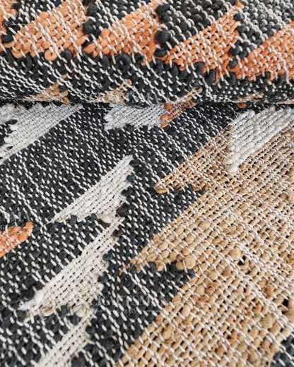 Tribalterra Jute Hand-Woven Natural Rug – Black Beige Peach Geometric Boho Farmhouse Area Carpet with Fringe