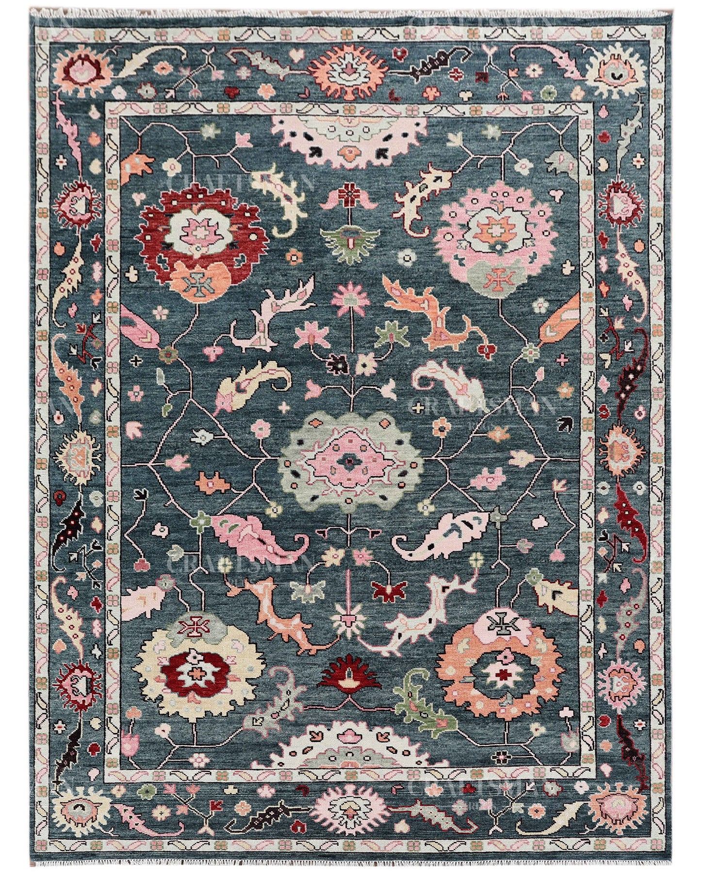 Hand Knotted Oushak Rug – Blue & Pink Vintage Floral Wool Area Rug | Traditional Turkish Inspired Living Room Carpet