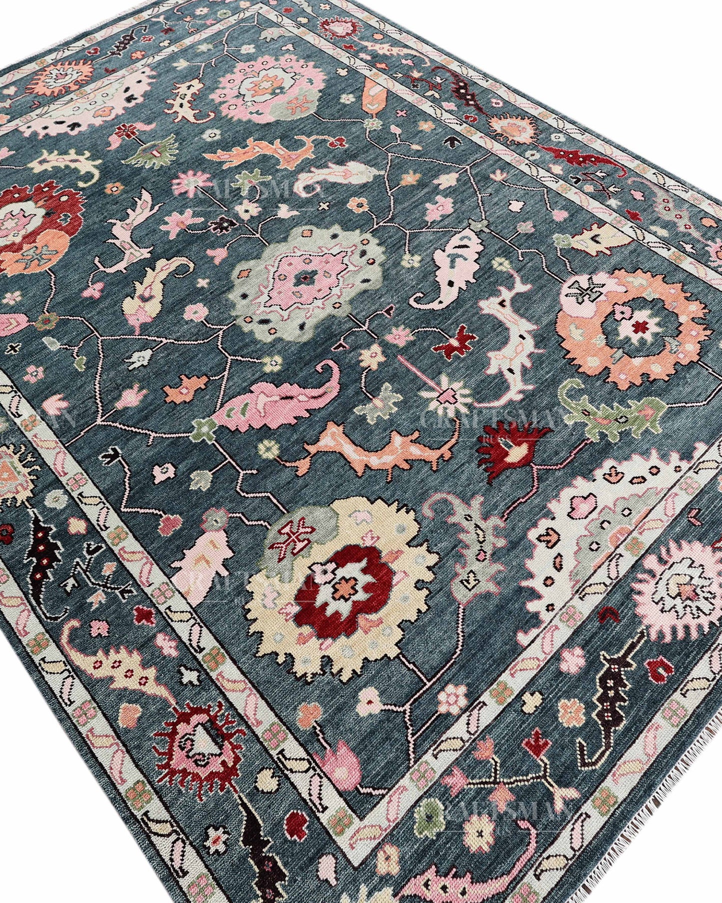 Hand Knotted Oushak Rug – Blue & Pink Vintage Floral Wool Area Rug | Traditional Turkish Inspired Living Room Carpet