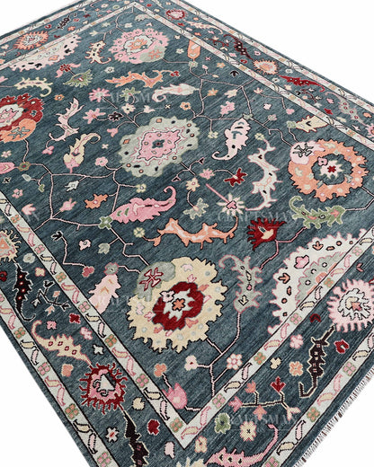 Hand Knotted Oushak Rug – Blue & Pink Vintage Floral Wool Area Rug | Traditional Turkish Inspired Living Room Carpet