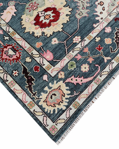Hand Knotted Oushak Rug – Blue & Pink Vintage Floral Wool Area Rug | Traditional Turkish Inspired Living Room Carpet