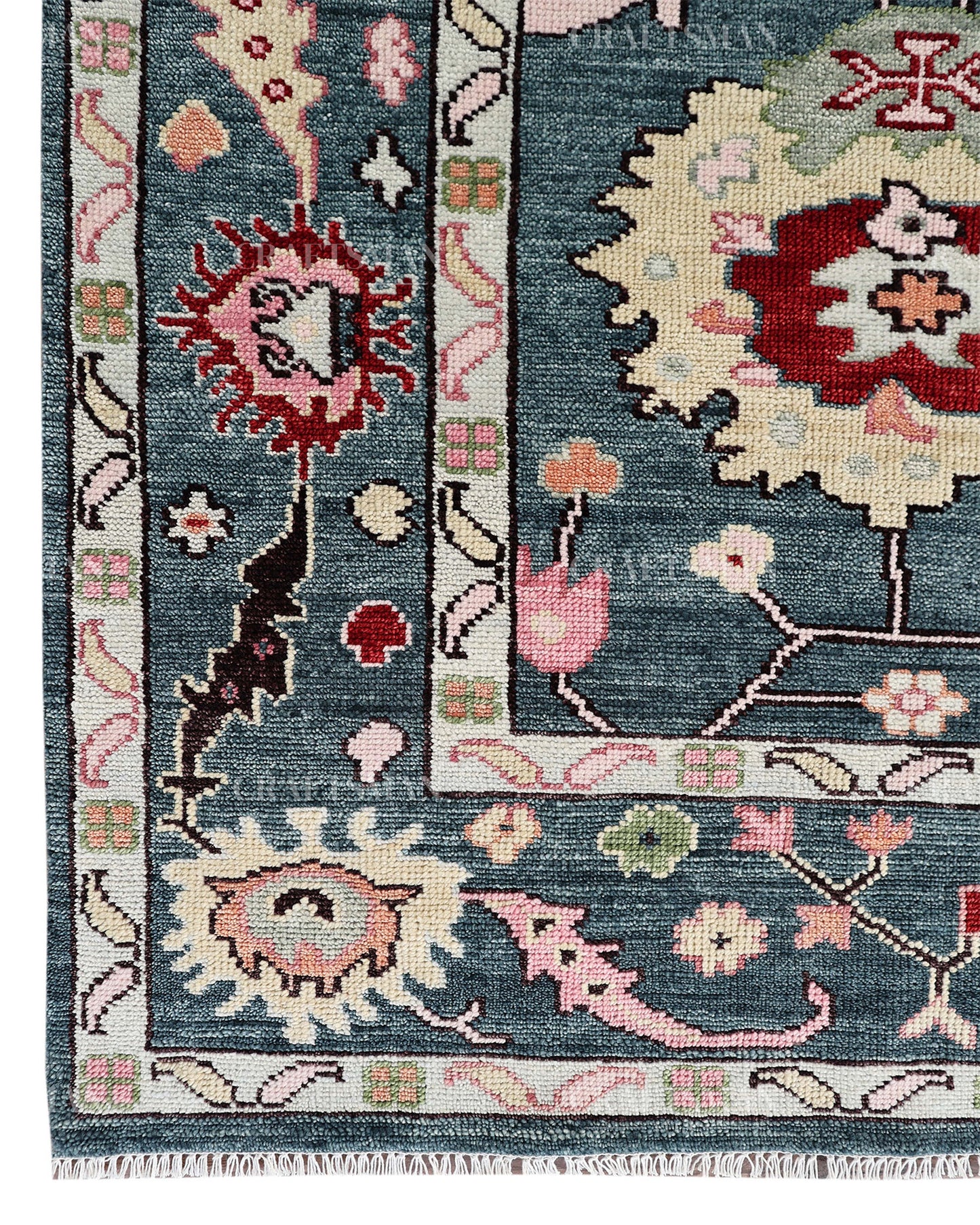 Hand Knotted Oushak Rug – Blue & Pink Vintage Floral Wool Area Rug | Traditional Turkish Inspired Living Room Carpet