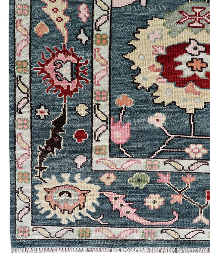 Hand Knotted Oushak Rug – Blue & Pink Vintage Floral Wool Area Rug | Traditional Turkish Inspired Living Room Carpet