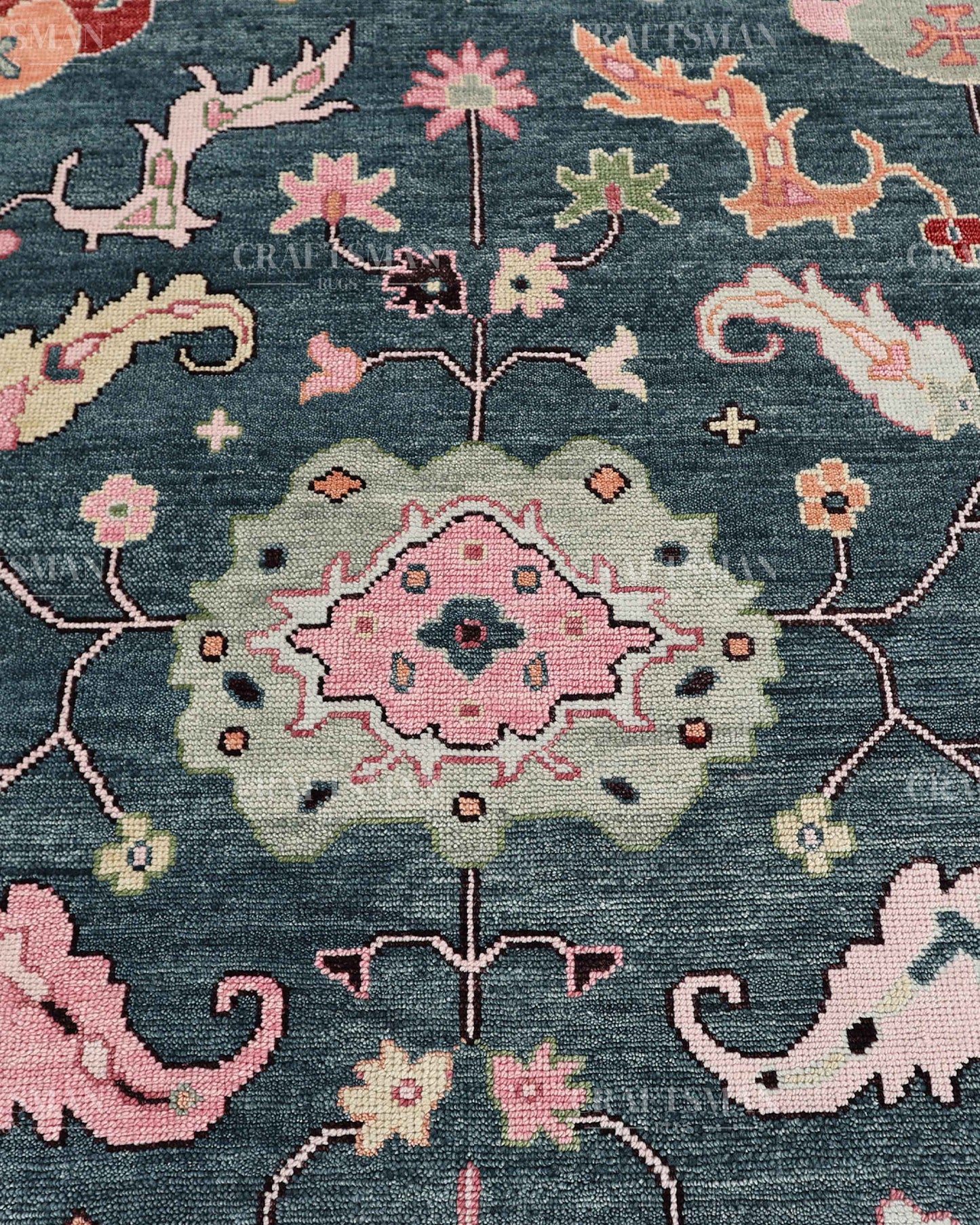 Hand Knotted Oushak Rug – Blue & Pink Vintage Floral Wool Area Rug | Traditional Turkish Inspired Living Room Carpet