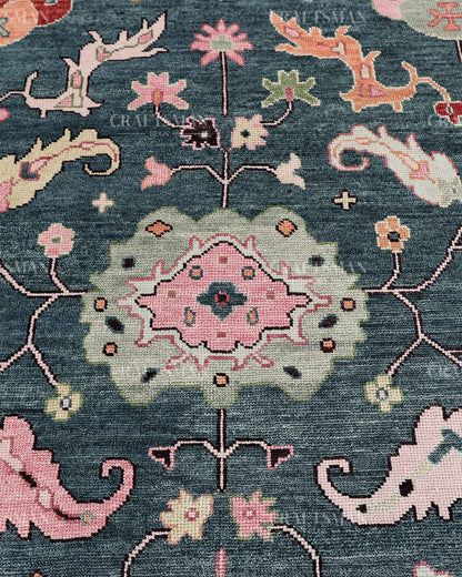 Hand Knotted Oushak Rug – Blue & Pink Vintage Floral Wool Area Rug | Traditional Turkish Inspired Living Room Carpet
