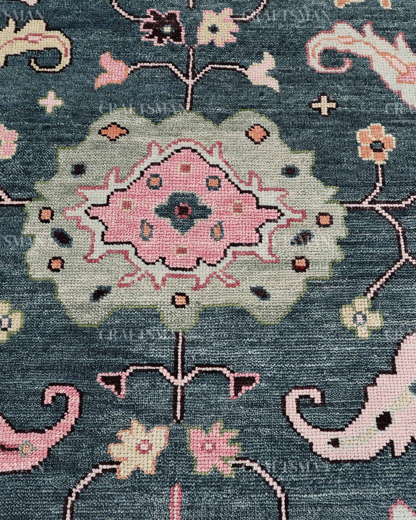 Hand Knotted Oushak Rug – Blue & Pink Vintage Floral Wool Area Rug | Traditional Turkish Inspired Living Room Carpet
