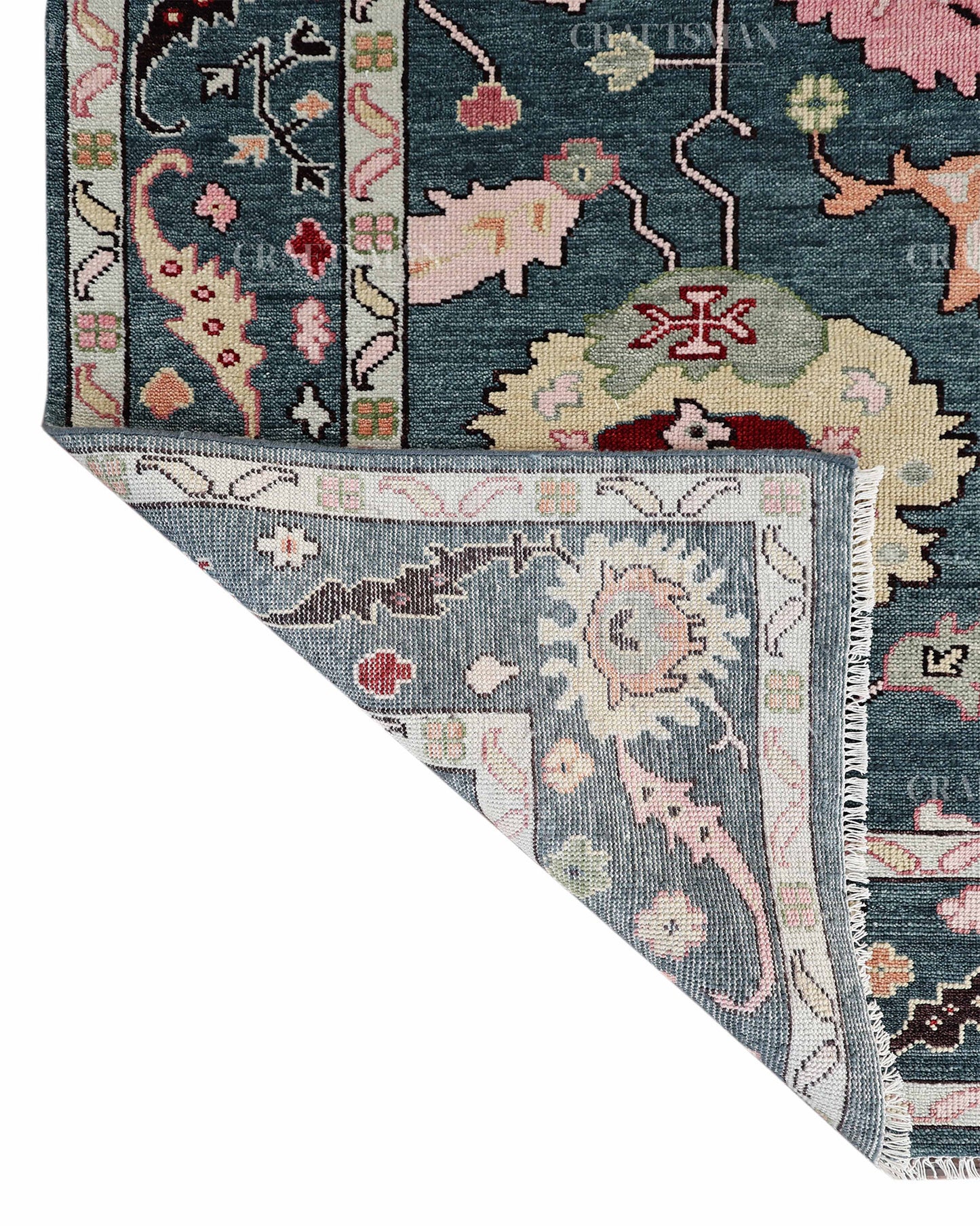 Hand Knotted Oushak Rug – Blue & Pink Vintage Floral Wool Area Rug | Traditional Turkish Inspired Living Room Carpet