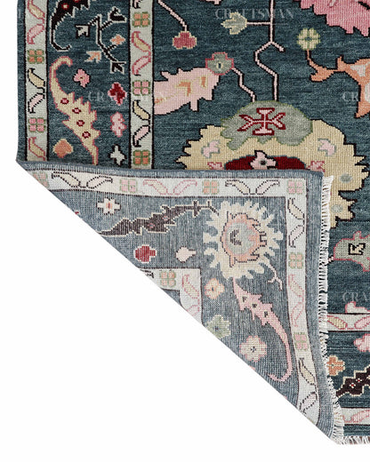 Hand Knotted Oushak Rug – Blue & Pink Vintage Floral Wool Area Rug | Traditional Turkish Inspired Living Room Carpet