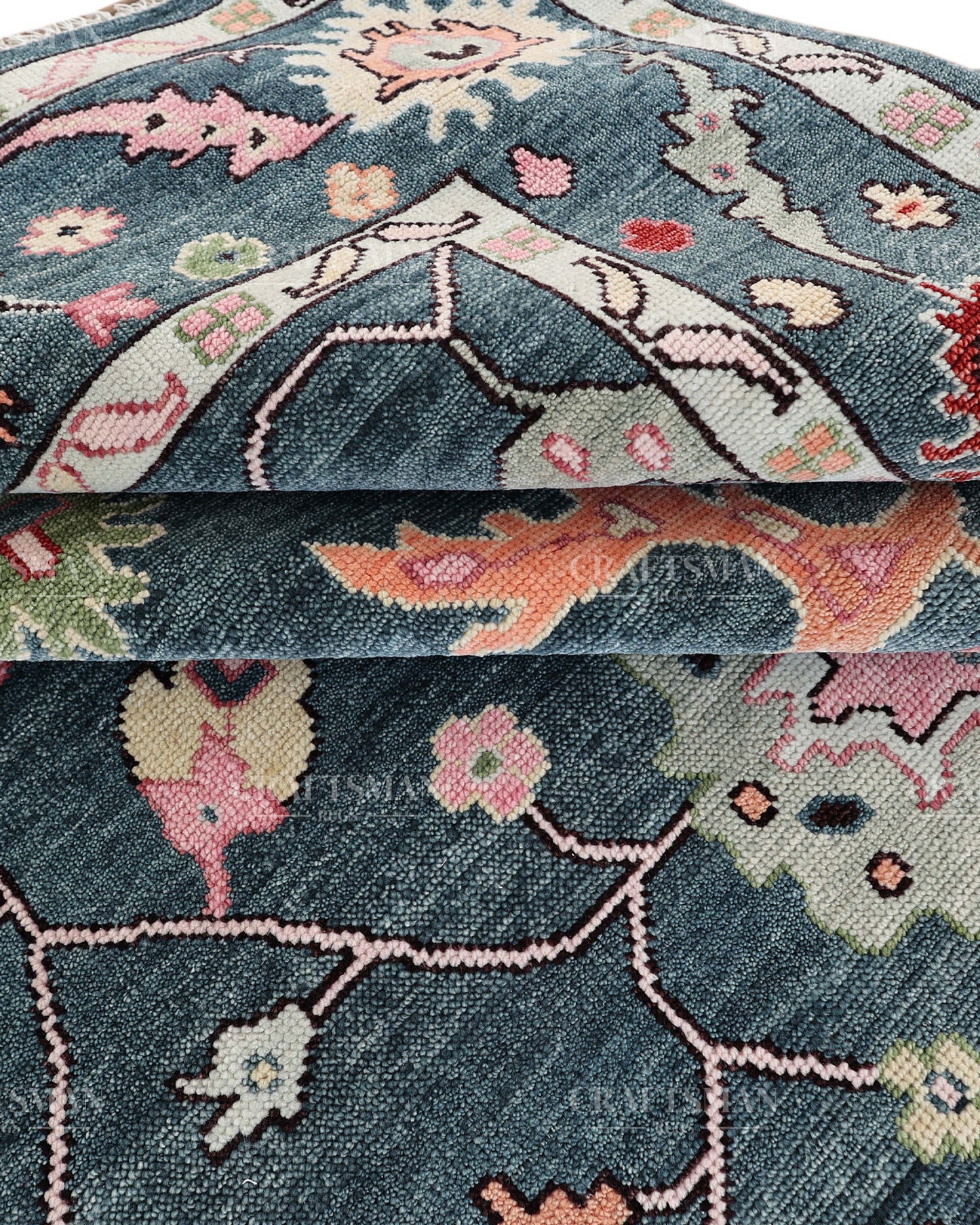 Hand Knotted Oushak Rug – Blue & Pink Vintage Floral Wool Area Rug | Traditional Turkish Inspired Living Room Carpet