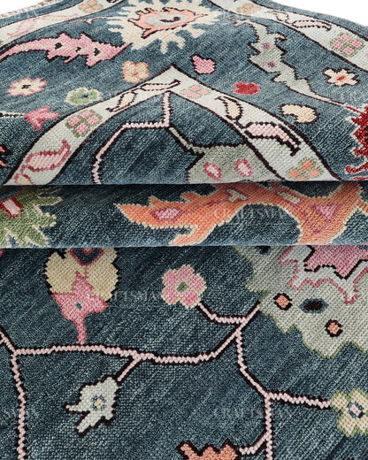 Hand Knotted Oushak Rug – Blue & Pink Vintage Floral Wool Area Rug | Traditional Turkish Inspired Living Room Carpet