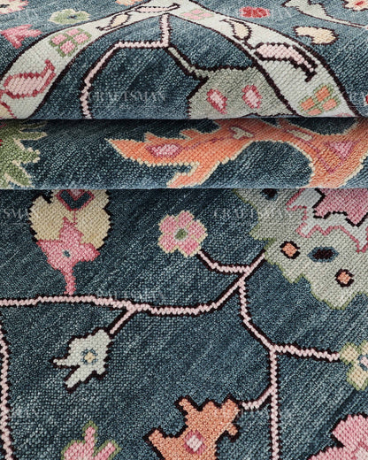 Hand Knotted Oushak Rug – Blue & Pink Vintage Floral Wool Area Rug | Traditional Turkish Inspired Living Room Carpet