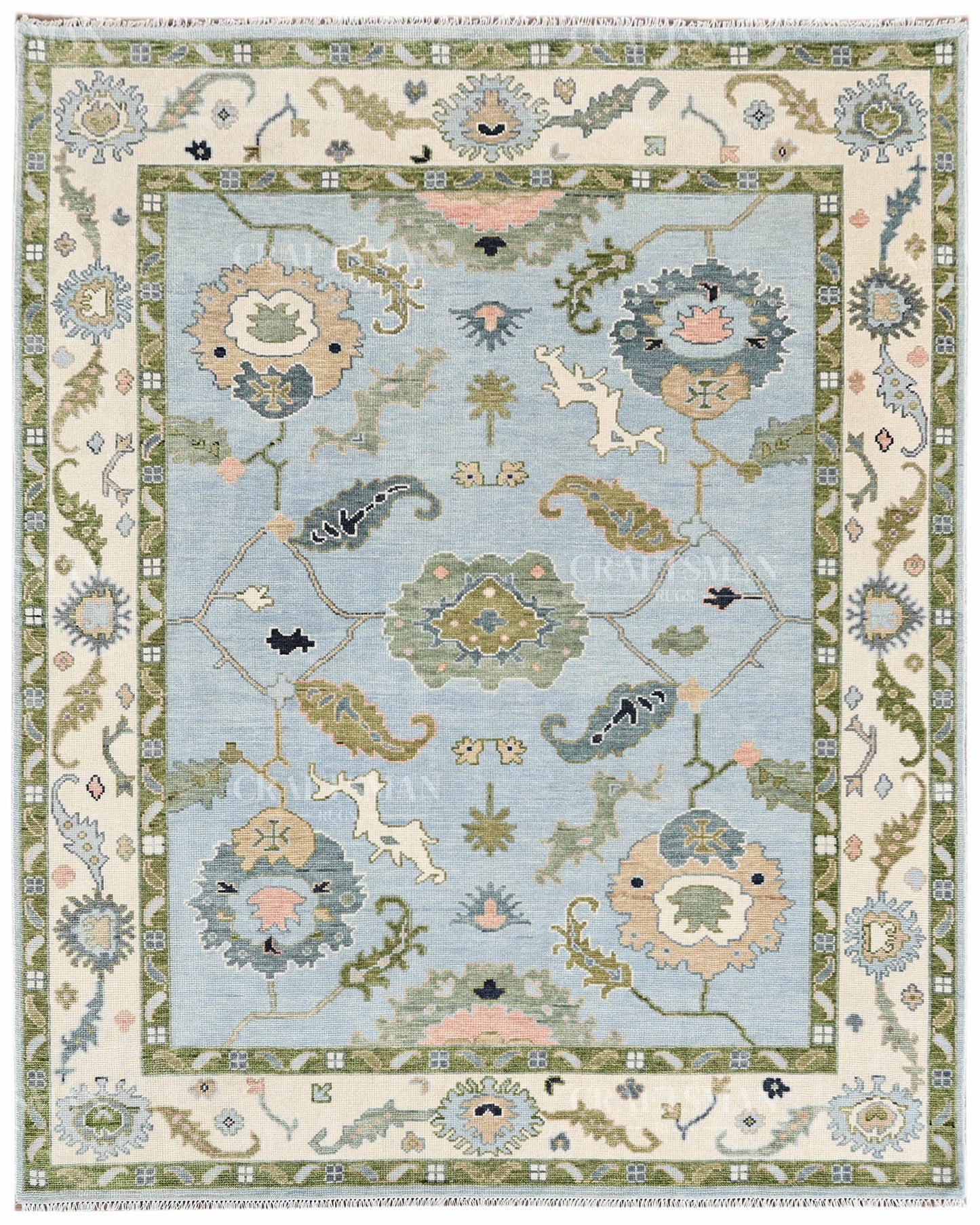 Hand Knotted Oushak Rug – Light Blue & Ivory Vintage Floral Wool Area Rug | Traditional Turkish Inspired Handmade Carpet