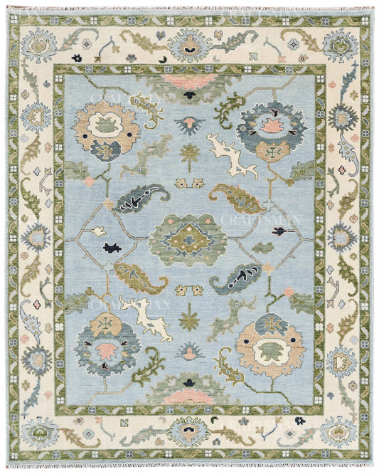 Hand Knotted Oushak Rug – Light Blue & Ivory Vintage Floral Wool Area Rug | Traditional Turkish Inspired Handmade Carpet