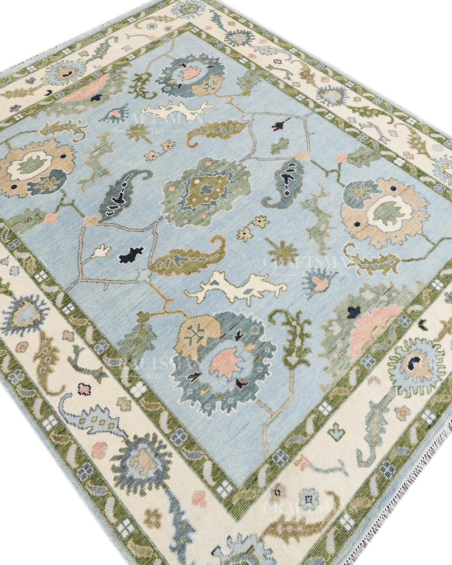 Hand Knotted Oushak Rug – Light Blue & Ivory Vintage Floral Wool Area Rug | Traditional Turkish Inspired Handmade Carpet