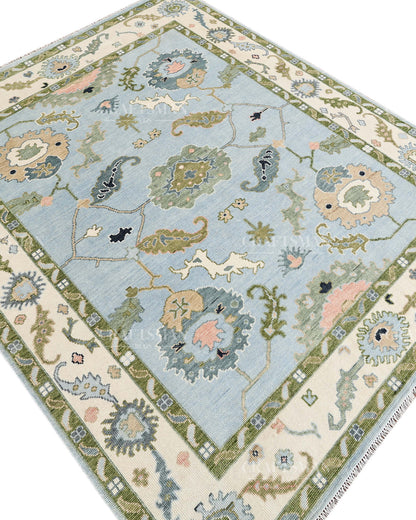 Hand Knotted Oushak Rug – Light Blue & Ivory Vintage Floral Wool Area Rug | Traditional Turkish Inspired Handmade Carpet