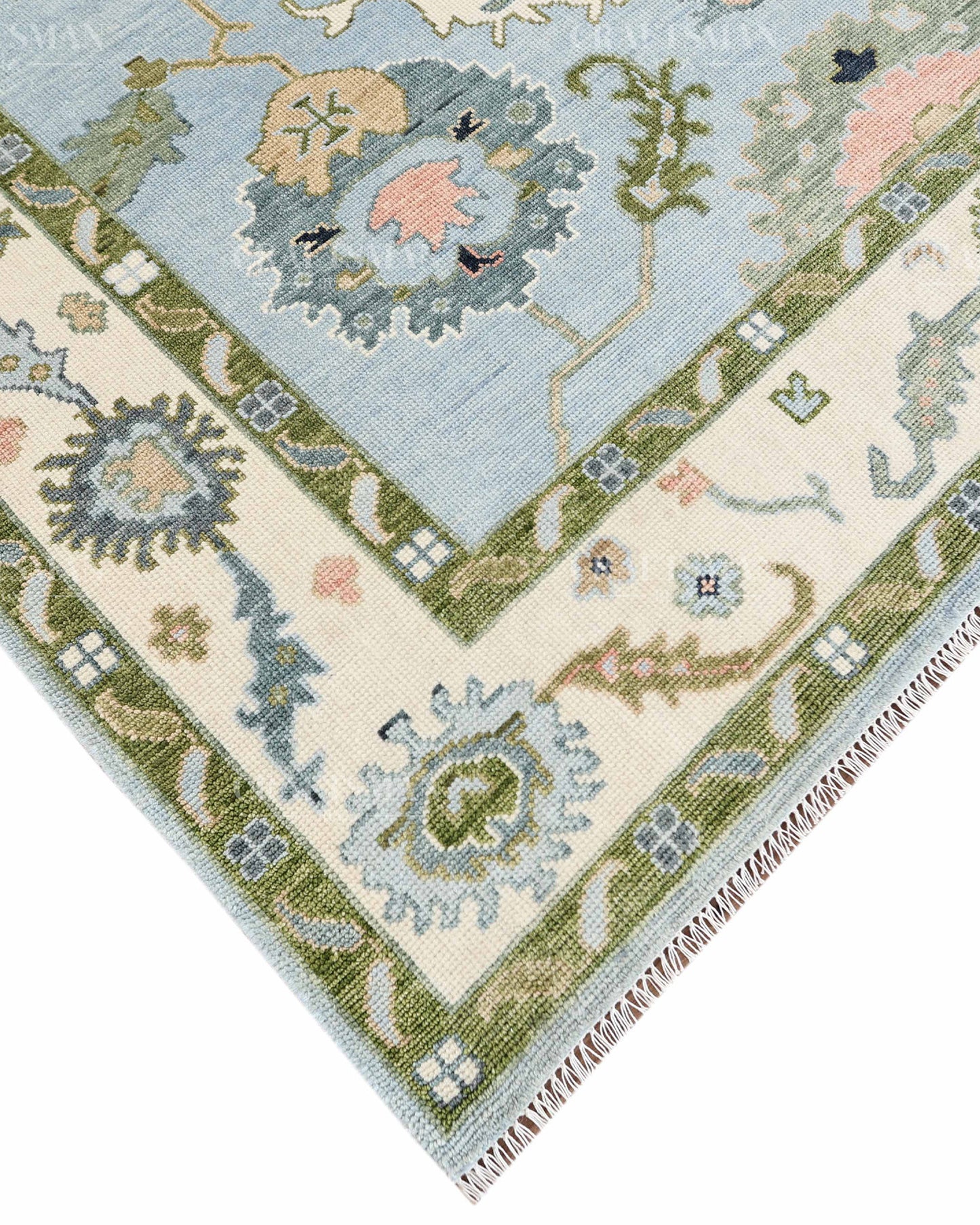 Hand Knotted Oushak Rug – Light Blue & Ivory Vintage Floral Wool Area Rug | Traditional Turkish Inspired Handmade Carpet