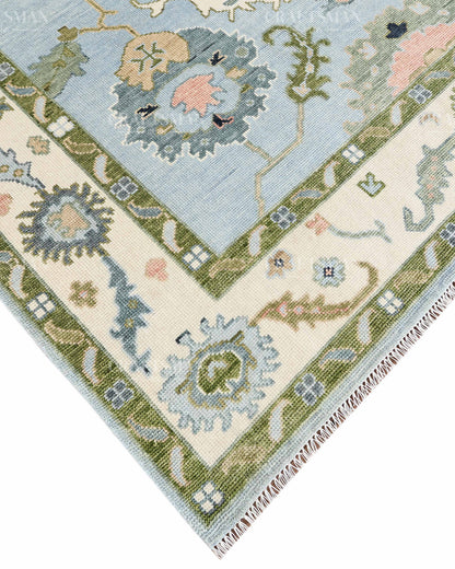 Hand Knotted Oushak Rug – Light Blue & Ivory Vintage Floral Wool Area Rug | Traditional Turkish Inspired Handmade Carpet