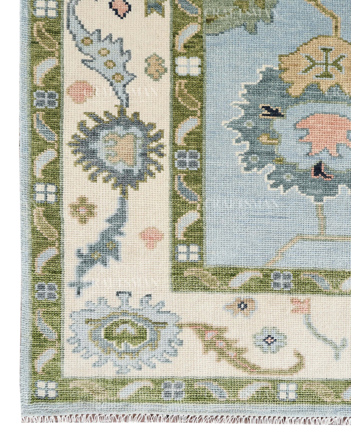Hand Knotted Oushak Rug – Light Blue & Ivory Vintage Floral Wool Area Rug | Traditional Turkish Inspired Handmade Carpet