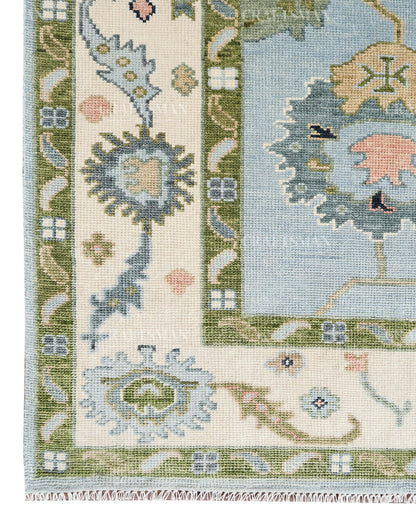 Hand Knotted Oushak Rug – Light Blue & Ivory Vintage Floral Wool Area Rug | Traditional Turkish Inspired Handmade Carpet
