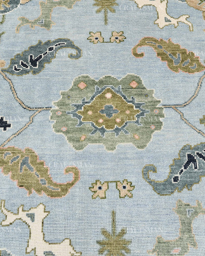 Hand Knotted Oushak Rug – Light Blue & Ivory Vintage Floral Wool Area Rug | Traditional Turkish Inspired Handmade Carpet