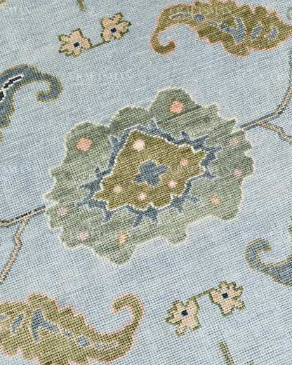 Hand Knotted Oushak Rug – Light Blue & Ivory Vintage Floral Wool Area Rug | Traditional Turkish Inspired Handmade Carpet