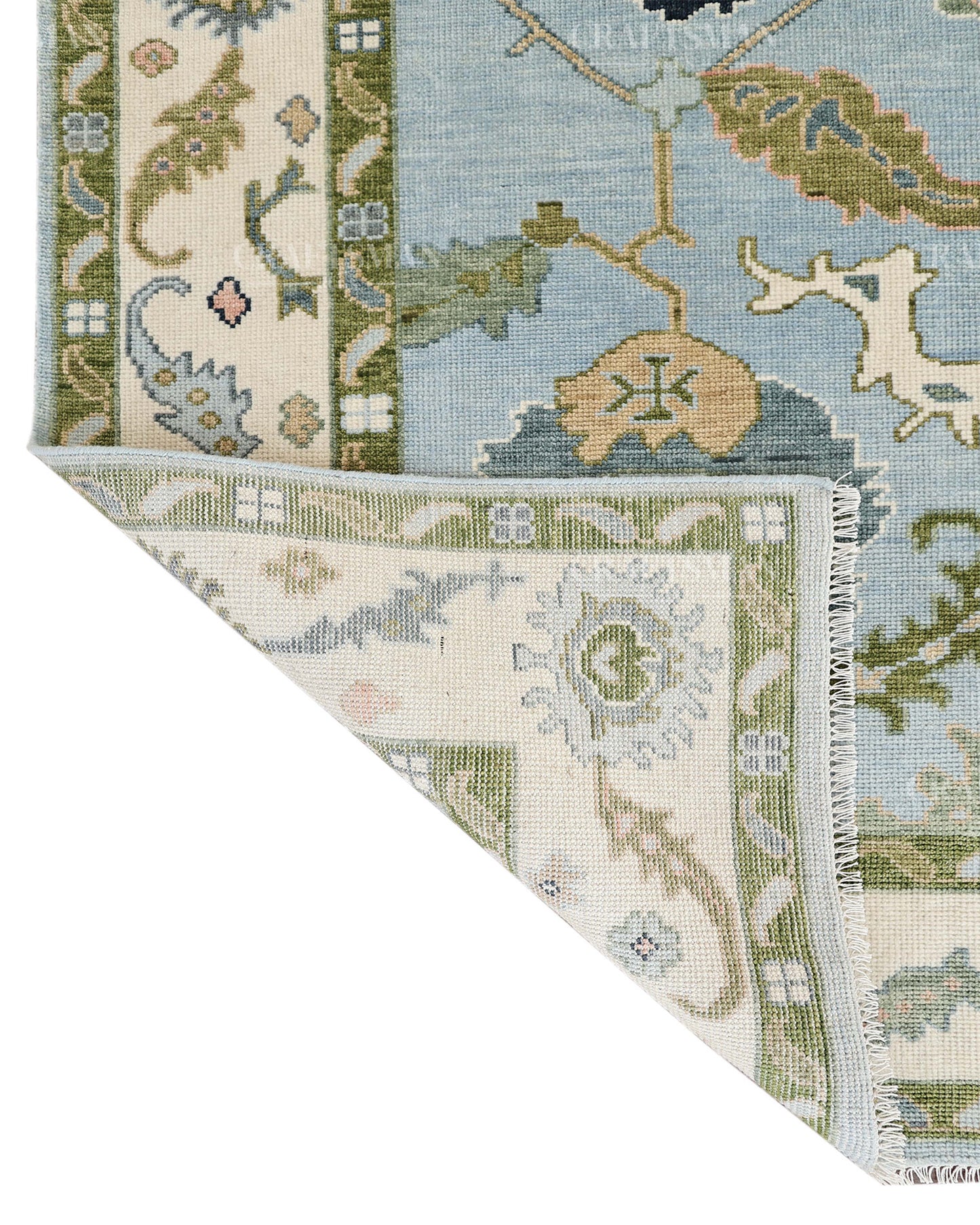 Hand Knotted Oushak Rug – Light Blue & Ivory Vintage Floral Wool Area Rug | Traditional Turkish Inspired Handmade Carpet