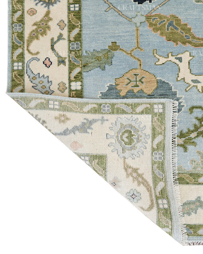 Hand Knotted Oushak Rug – Light Blue & Ivory Vintage Floral Wool Area Rug | Traditional Turkish Inspired Handmade Carpet