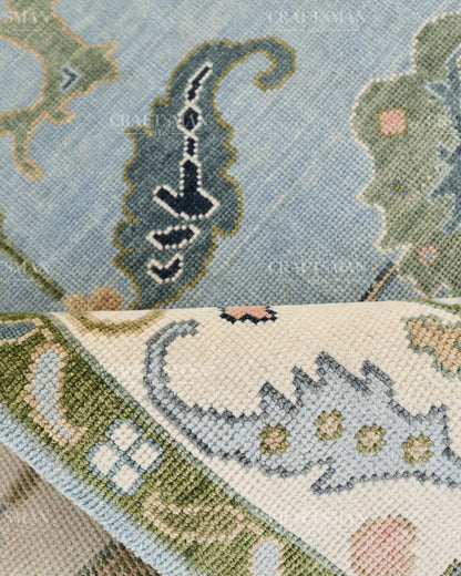 Hand Knotted Oushak Rug – Light Blue & Ivory Vintage Floral Wool Area Rug | Traditional Turkish Inspired Handmade Carpet