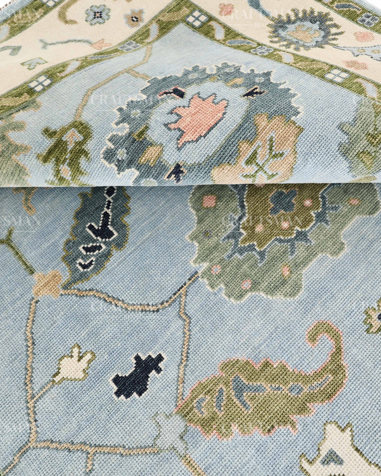 Hand Knotted Oushak Rug – Light Blue & Ivory Vintage Floral Wool Area Rug | Traditional Turkish Inspired Handmade Carpet