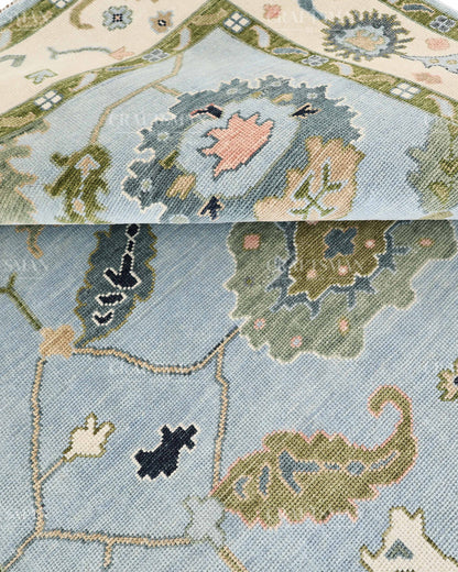 Hand Knotted Oushak Rug – Light Blue & Ivory Vintage Floral Wool Area Rug | Traditional Turkish Inspired Handmade Carpet